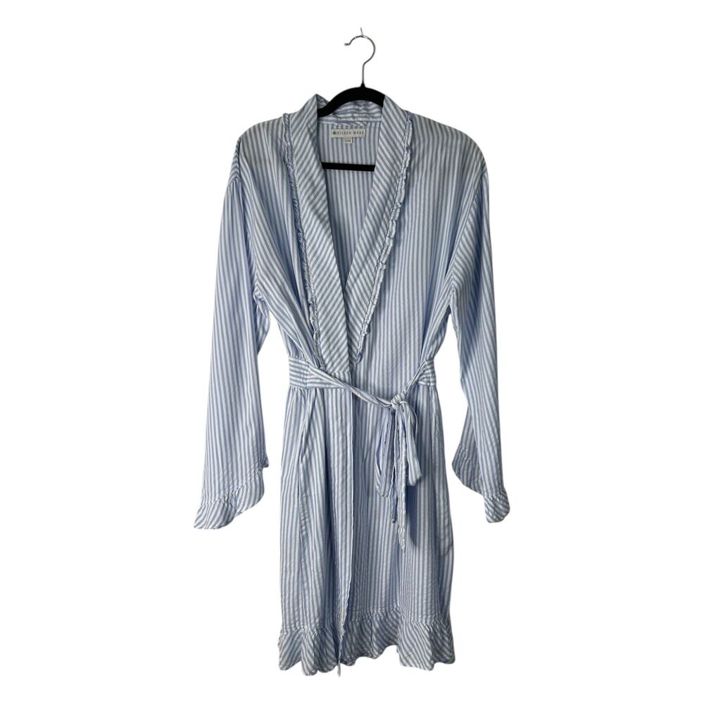 Eileen West Seersucker Robe Womens S-M Blue White Striped Eyelet Lace Ruffles